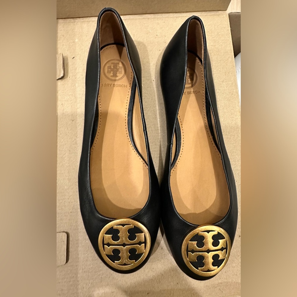Tory Burch Black Reva Leather Ballet Flats Shoes